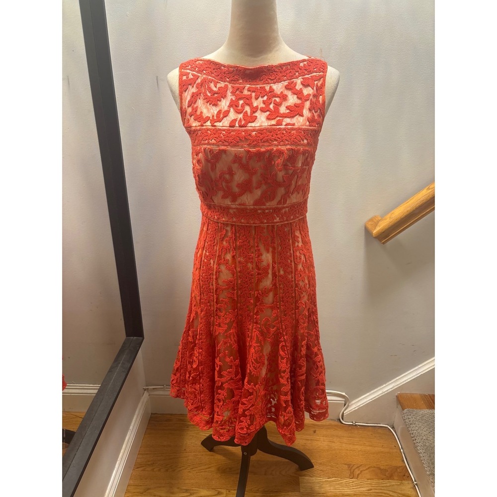Tadashi Shoji Lace Fit Flare Dress Womens 4 Coral Orange Floral Bateau